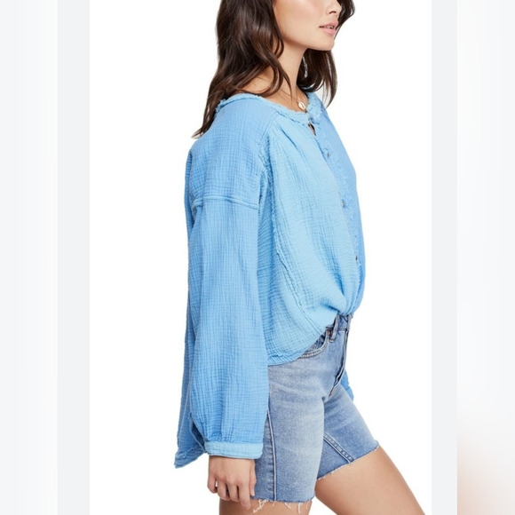 Free People Tops - We The Free Women's Moving Mountains Frayed Round Neck Cotton Top Blue S…